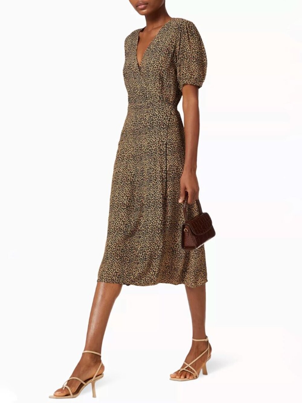 NWT FAITHFULL THE BRAND Sumaia Leopard Crepe Puff Sleeve Midi Wrap Dress, Size M